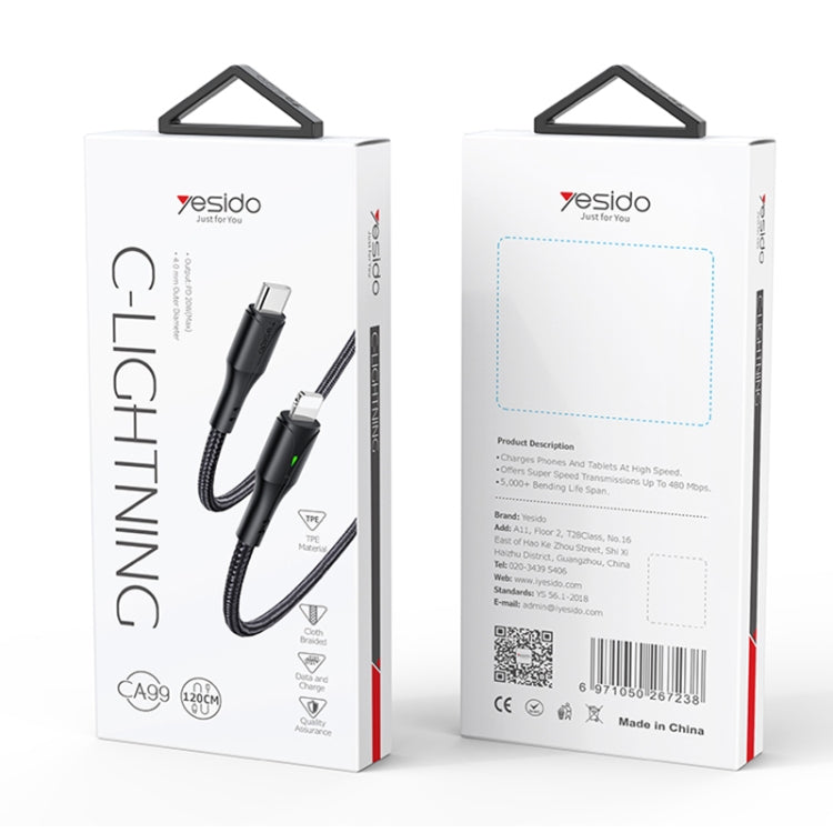 YESIDO CA99 20W USB-C / Type-C to 8 Pin Braided Charging Data Cable with Indicator Light, Length:1.2m(Black)