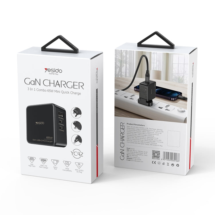 Yesido YC-42 65W 2 Type-C + USB-A GaN Fast Charger(EU Plug)