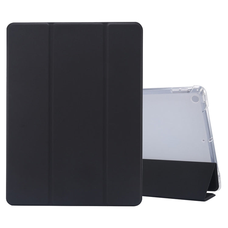For iPad 10.2 2021 / 2020 / 2019 3-folding Electric Pressed Skin Texture Horizontal Flip Shockproof Transparent TPU + PU Leather Case with Holder & Pen Slot & Sleep / Wake-up Function