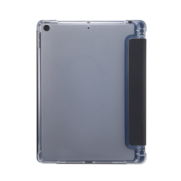 For iPad 10.2 2021 / 2020 / 2019 3-folding Electric Pressed Skin Texture Horizontal Flip Shockproof Transparent TPU + PU Leather Case with Holder & Pen Slot & Sleep / Wake-up Function