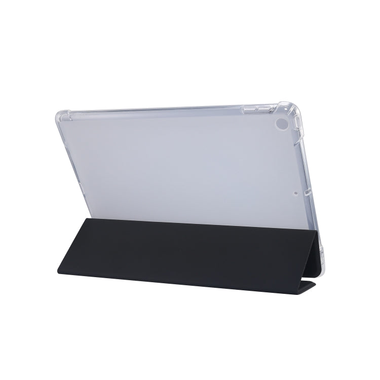 For iPad 10.2 2021 / 2020 / 2019 3-folding Electric Pressed Skin Texture Horizontal Flip Shockproof Transparent TPU + PU Leather Case with Holder & Pen Slot & Sleep / Wake-up Function