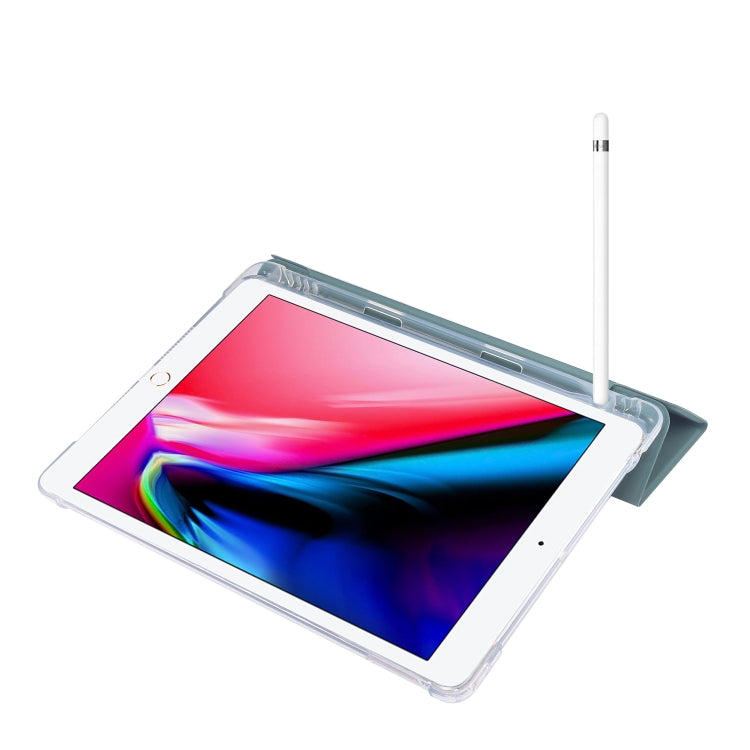 For iPad 10.2 2021 / 2020 / 2019 3-folding Electric Pressed Skin Texture Horizontal Flip Shockproof Transparent TPU + PU Leather Case with Holder & Pen Slot & Sleep / Wake-up Function