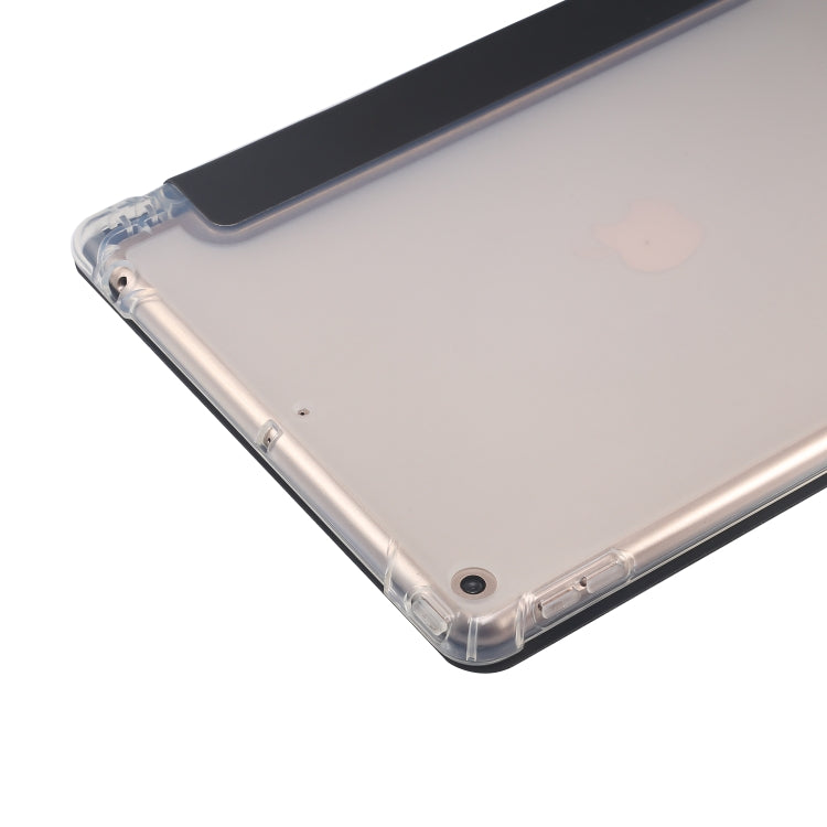 For iPad 10.2 2021 / 2020 / 2019 3-folding Electric Pressed Skin Texture Horizontal Flip Shockproof Transparent TPU + PU Leather Case with Holder & Pen Slot & Sleep / Wake-up Function