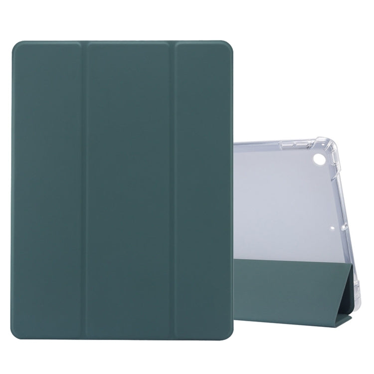 For iPad 10.2 2021 / 2020 / 2019 3-folding Electric Pressed Skin Texture Horizontal Flip Shockproof Transparent TPU + PU Leather Case with Holder & Pen Slot & Sleep / Wake-up Function