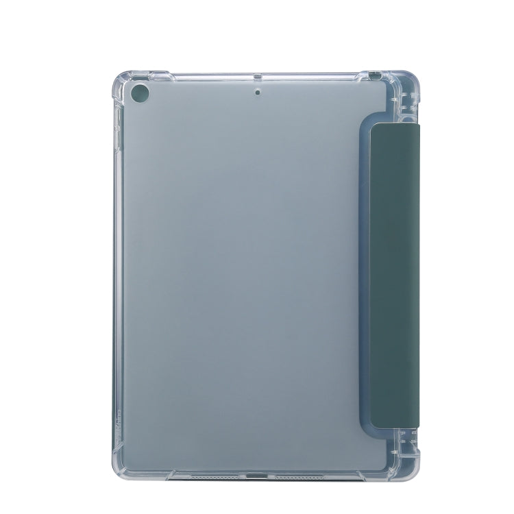 For iPad 10.2 2021 / 2020 / 2019 3-folding Electric Pressed Skin Texture Horizontal Flip Shockproof Transparent TPU + PU Leather Case with Holder & Pen Slot & Sleep / Wake-up Function