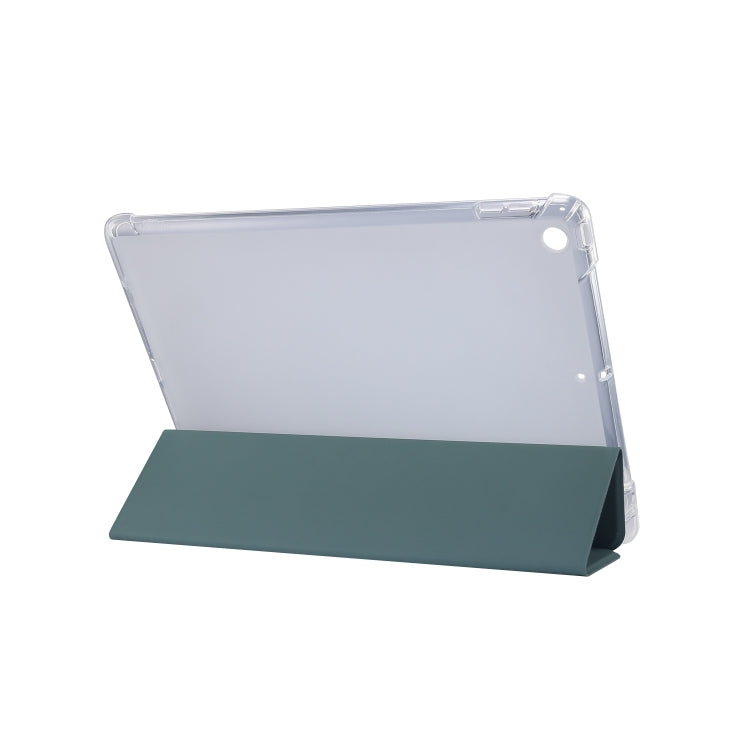 For iPad 10.2 2021 / 2020 / 2019 3-folding Electric Pressed Skin Texture Horizontal Flip Shockproof Transparent TPU + PU Leather Case with Holder & Pen Slot & Sleep / Wake-up Function