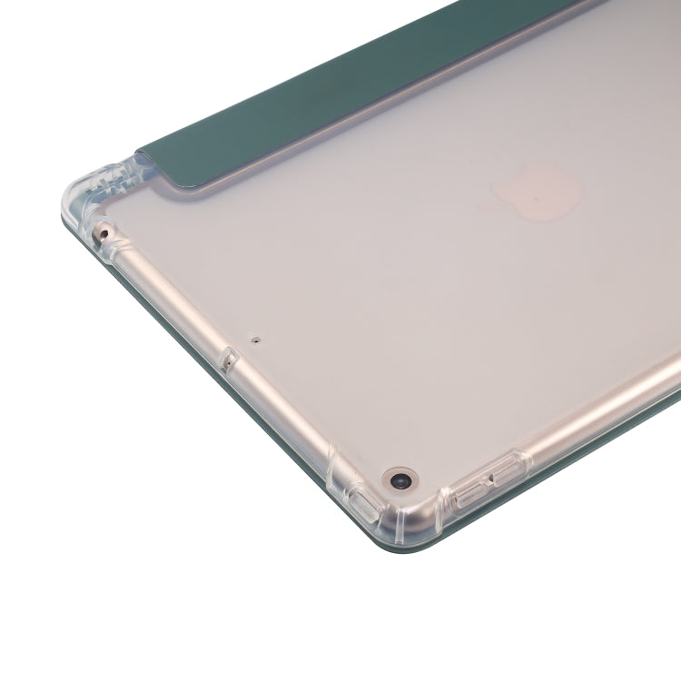 For iPad 10.2 2021 / 2020 / 2019 3-folding Electric Pressed Skin Texture Horizontal Flip Shockproof Transparent TPU + PU Leather Case with Holder & Pen Slot & Sleep / Wake-up Function