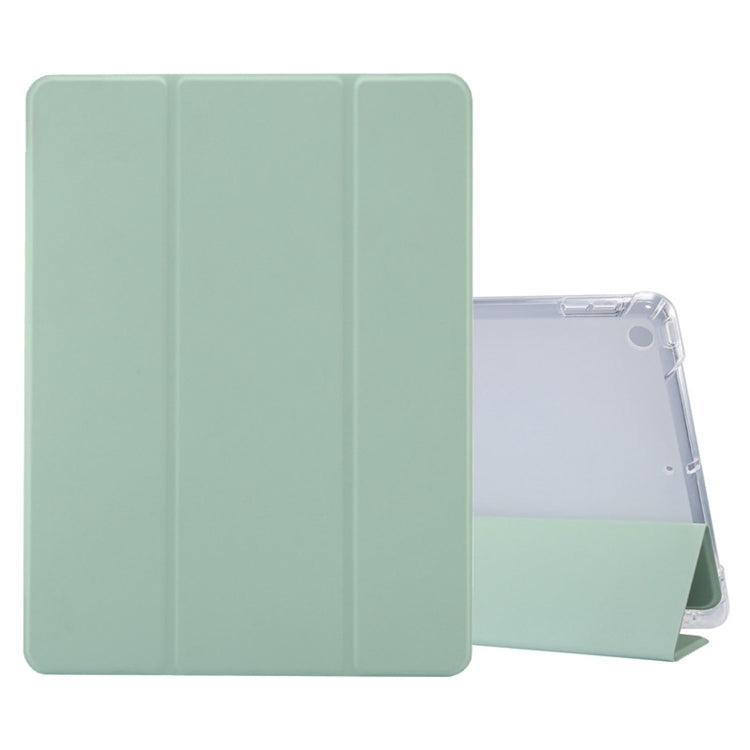 For iPad 10.2 2021 / 2020 / 2019 3-folding Electric Pressed Skin Texture Horizontal Flip Shockproof Transparent TPU + PU Leather Case with Holder & Pen Slot & Sleep / Wake-up Function