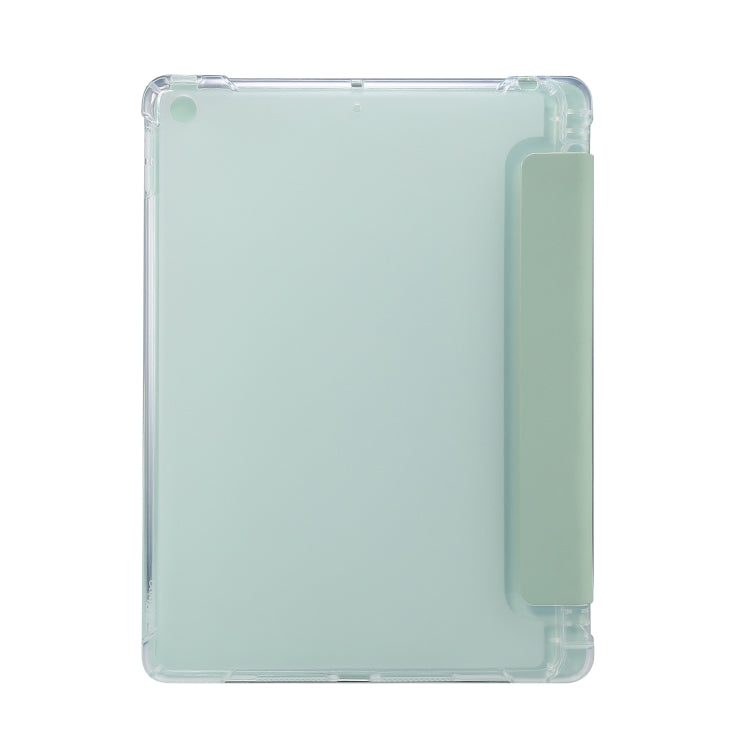 For iPad 10.2 2021 / 2020 / 2019 3-folding Electric Pressed Skin Texture Horizontal Flip Shockproof Transparent TPU + PU Leather Case with Holder & Pen Slot & Sleep / Wake-up Function