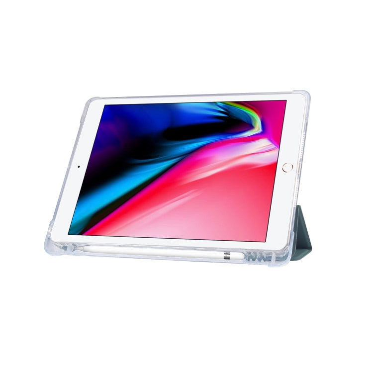 For iPad 10.2 2021 / 2020 / 2019 3-folding Electric Pressed Skin Texture Horizontal Flip Shockproof Transparent TPU + PU Leather Case with Holder & Pen Slot & Sleep / Wake-up Function