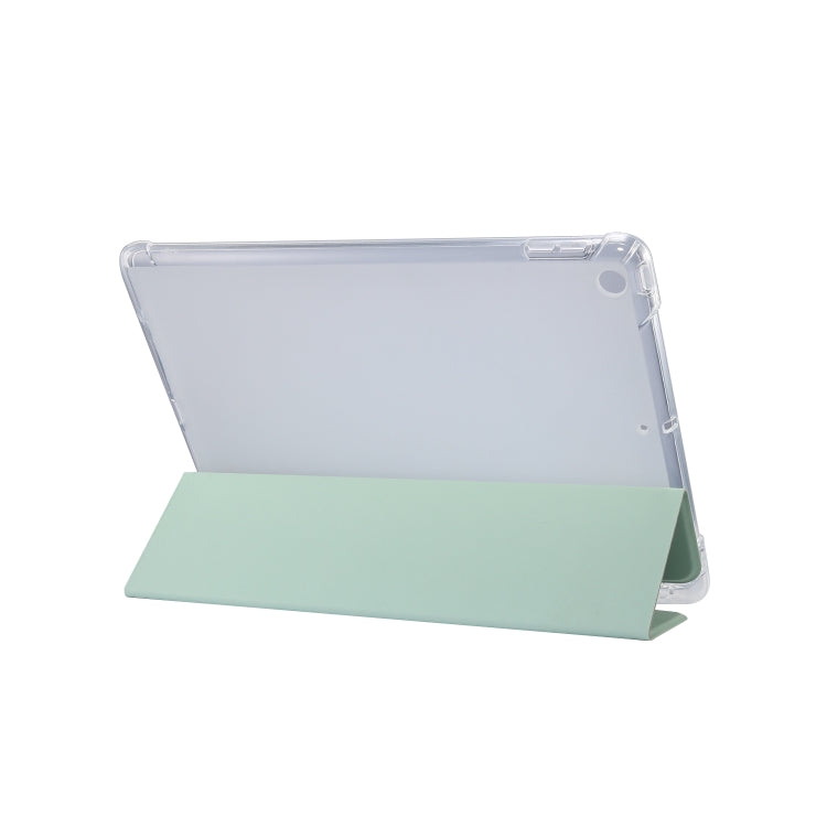 For iPad 10.2 2021 / 2020 / 2019 3-folding Electric Pressed Skin Texture Horizontal Flip Shockproof Transparent TPU + PU Leather Case with Holder & Pen Slot & Sleep / Wake-up Function