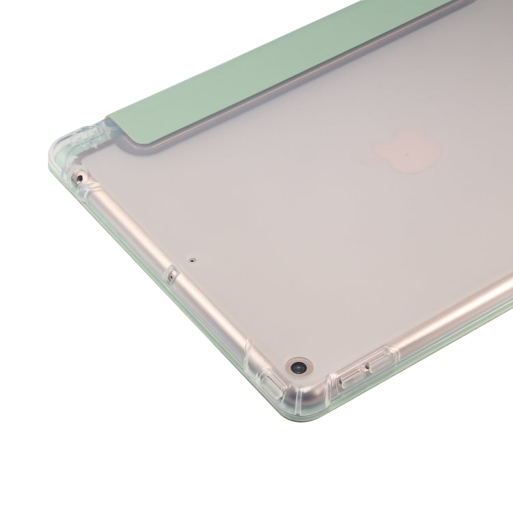 For iPad 10.2 2021 / 2020 / 2019 3-folding Electric Pressed Skin Texture Horizontal Flip Shockproof Transparent TPU + PU Leather Case with Holder & Pen Slot & Sleep / Wake-up Function