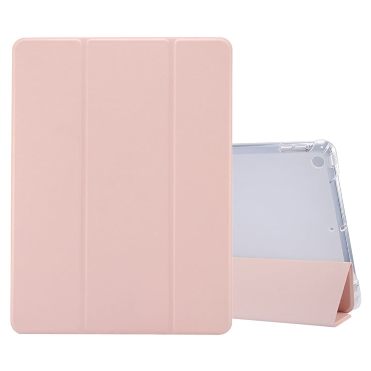 For iPad 10.2 2021 / 2020 / 2019 3-folding Electric Pressed Skin Texture Horizontal Flip Shockproof Transparent TPU + PU Leather Case with Holder & Pen Slot & Sleep / Wake-up Function