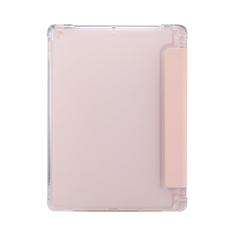For iPad 10.2 2021 / 2020 / 2019 3-folding Electric Pressed Skin Texture Horizontal Flip Shockproof Transparent TPU + PU Leather Case with Holder & Pen Slot & Sleep / Wake-up Function