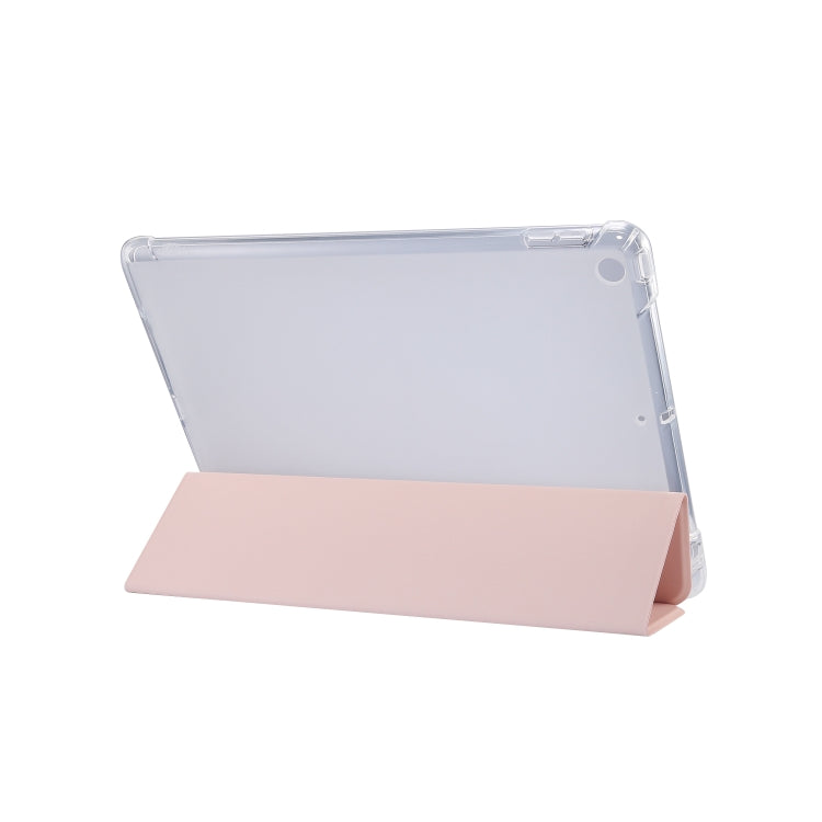 For iPad 10.2 2021 / 2020 / 2019 3-folding Electric Pressed Skin Texture Horizontal Flip Shockproof Transparent TPU + PU Leather Case with Holder & Pen Slot & Sleep / Wake-up Function