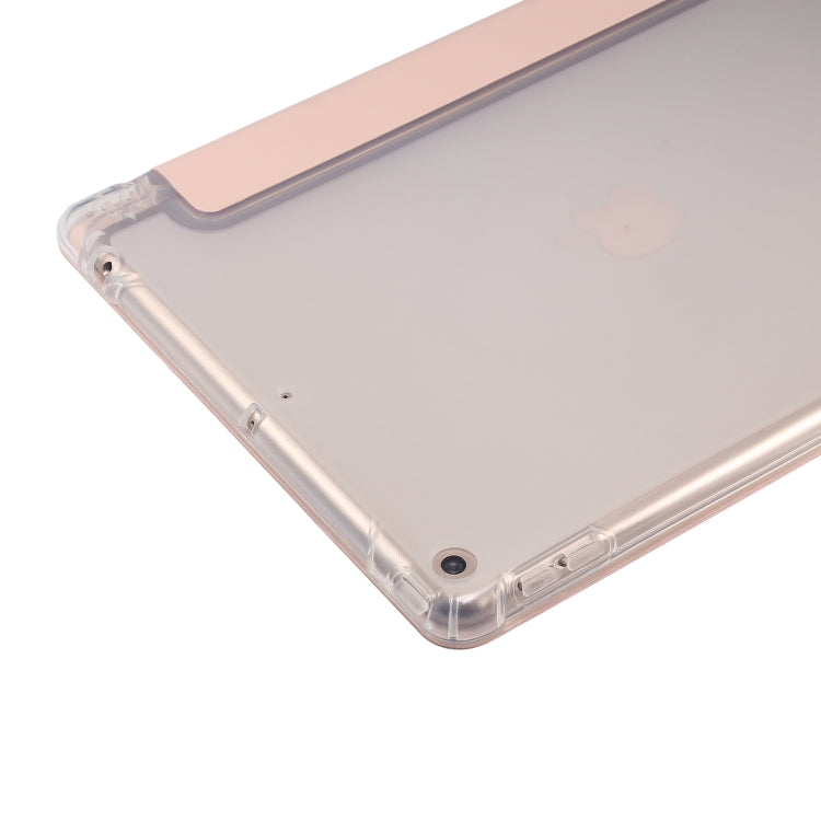 For iPad 10.2 2021 / 2020 / 2019 3-folding Electric Pressed Skin Texture Horizontal Flip Shockproof Transparent TPU + PU Leather Case with Holder & Pen Slot & Sleep / Wake-up Function