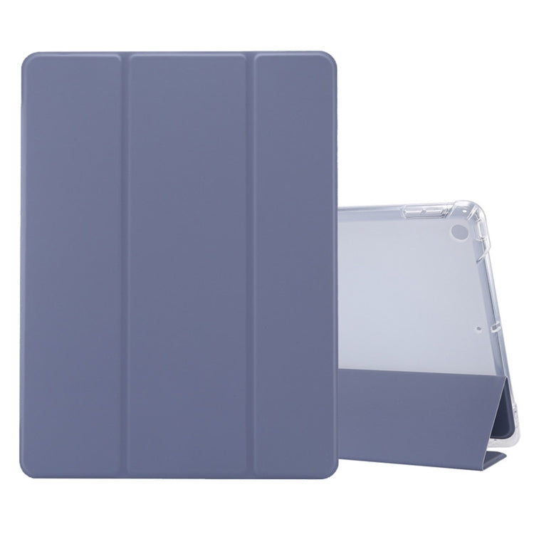 For iPad 10.2 2021 / 2020 / 2019 3-folding Electric Pressed Skin Texture Horizontal Flip Shockproof Transparent TPU + PU Leather Case with Holder & Pen Slot & Sleep / Wake-up Function