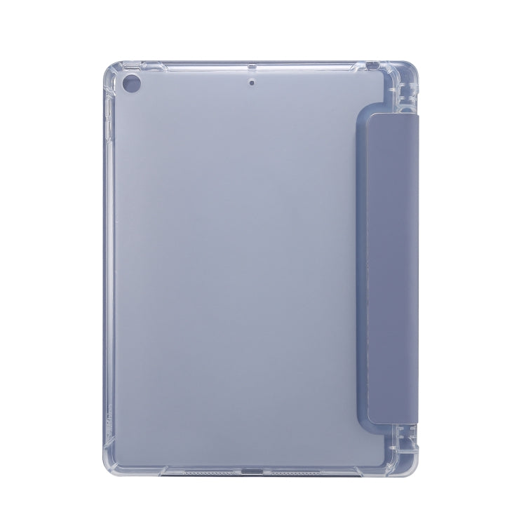 For iPad 10.2 2021 / 2020 / 2019 3-folding Electric Pressed Skin Texture Horizontal Flip Shockproof Transparent TPU + PU Leather Case with Holder & Pen Slot & Sleep / Wake-up Function