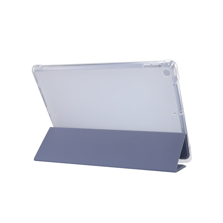 For iPad 10.2 2021 / 2020 / 2019 3-folding Electric Pressed Skin Texture Horizontal Flip Shockproof Transparent TPU + PU Leather Case with Holder & Pen Slot & Sleep / Wake-up Function