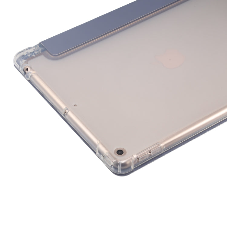 For iPad 10.2 2021 / 2020 / 2019 3-folding Electric Pressed Skin Texture Horizontal Flip Shockproof Transparent TPU + PU Leather Case with Holder & Pen Slot & Sleep / Wake-up Function