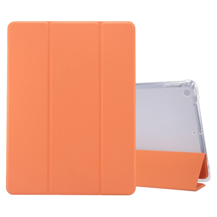 For iPad 10.2 2021 / 2020 / 2019 3-folding Electric Pressed Skin Texture Horizontal Flip Shockproof Transparent TPU + PU Leather Case with Holder & Pen Slot & Sleep / Wake-up Function