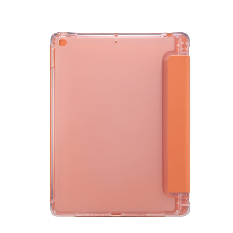 For iPad 10.2 2021 / 2020 / 2019 3-folding Electric Pressed Skin Texture Horizontal Flip Shockproof Transparent TPU + PU Leather Case with Holder & Pen Slot & Sleep / Wake-up Function
