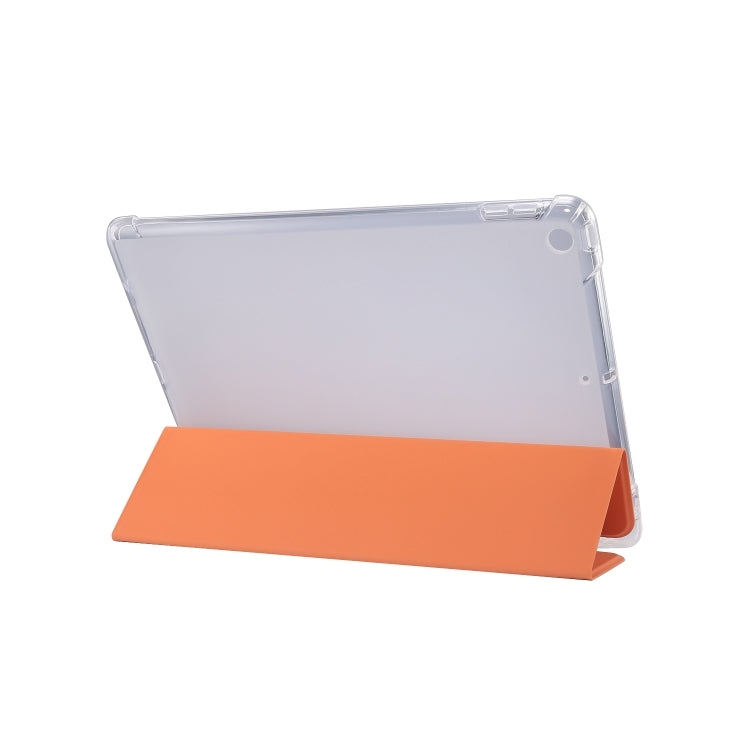 For iPad 10.2 2021 / 2020 / 2019 3-folding Electric Pressed Skin Texture Horizontal Flip Shockproof Transparent TPU + PU Leather Case with Holder & Pen Slot & Sleep / Wake-up Function