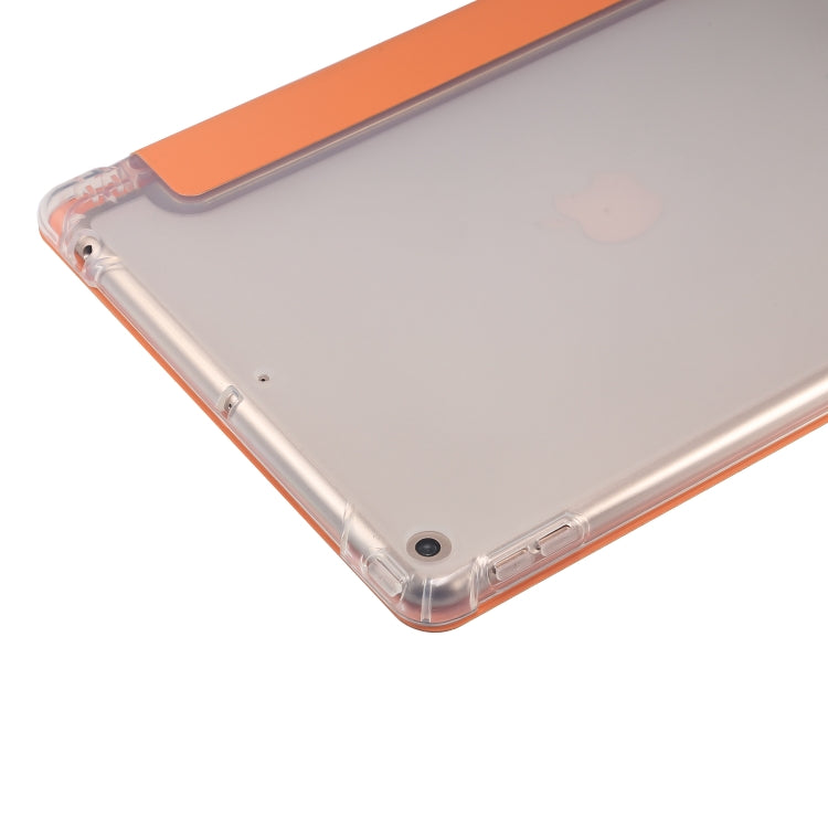 For iPad 10.2 2021 / 2020 / 2019 3-folding Electric Pressed Skin Texture Horizontal Flip Shockproof Transparent TPU + PU Leather Case with Holder & Pen Slot & Sleep / Wake-up Function