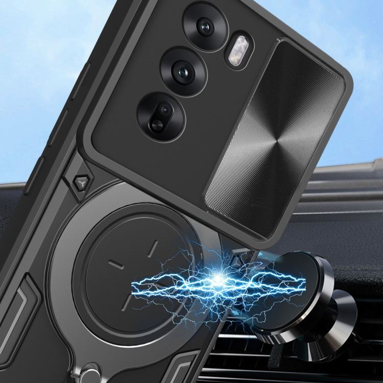 For OPPO Reno12 5G Global CD Texture Sliding Camshield Magnetic Holder Phone Case