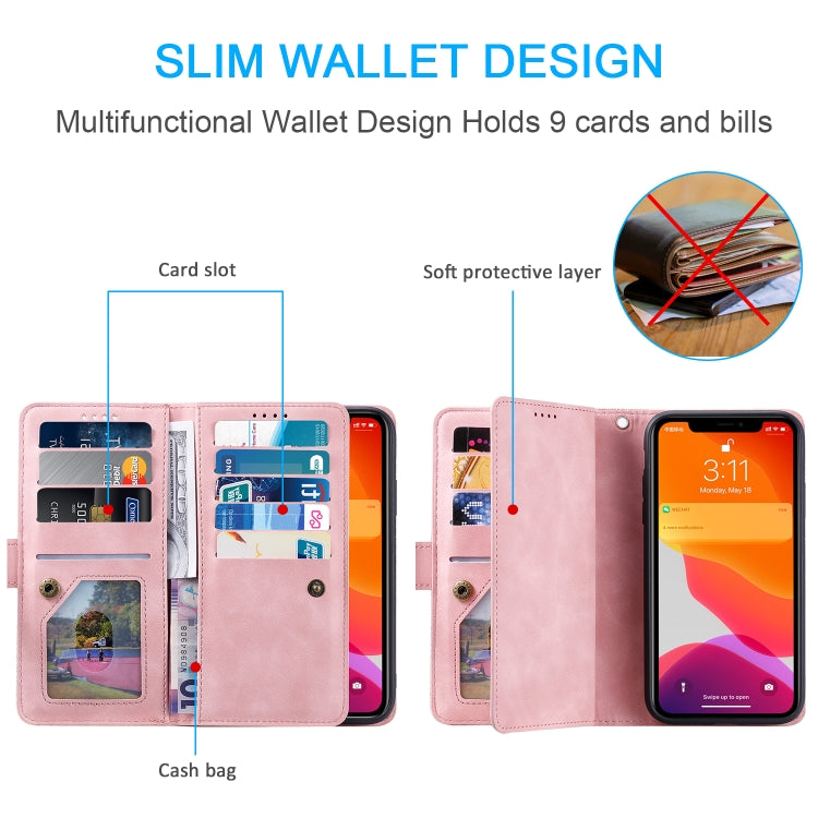 For iPhone 11 Pro Max Nine Card Zipper Bag Horizontal Flip Leather Case With Holder & Card Slots & Photo Frame & Wallet(Pink)