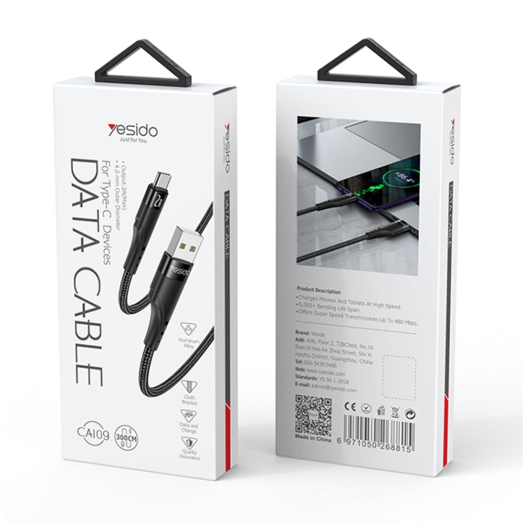 YESIDO CA109 3m 2A USB to USB-C / Type-C Charging Data Cable(Black)