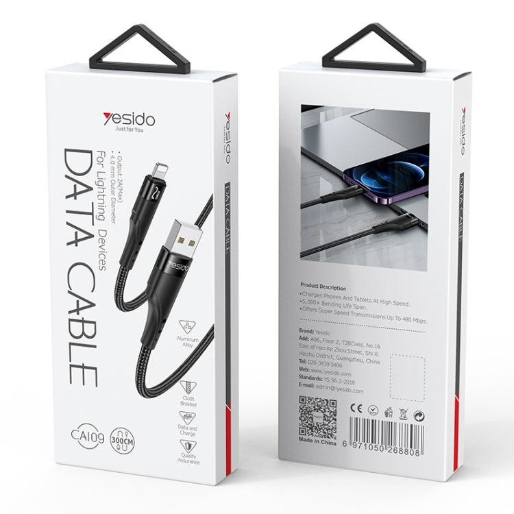 YESIDO CA109 3m 2A USB to 8 Pin Charging Data Cable(Black)