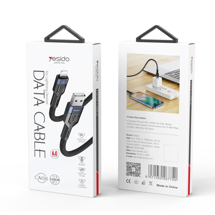 YESIDO CA106 1.2m 2.4A USB to 8 Pin OD0.6 Charging Data Cable(Black)