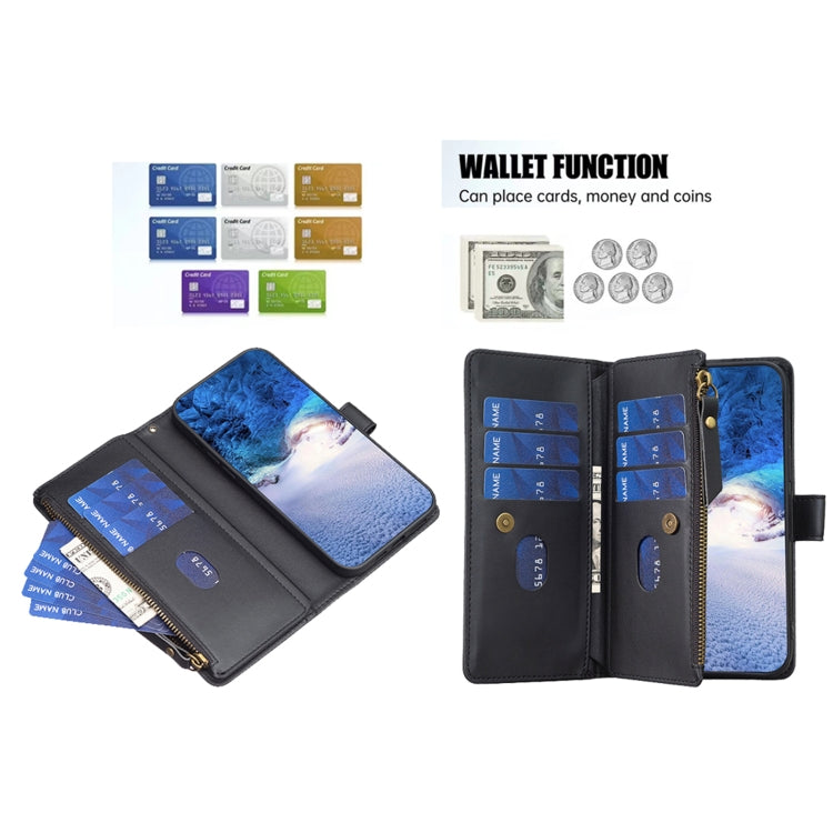 For iPhone 16 Pro Max 9 Card Slots Zipper Wallet Leather Flip Phone Case