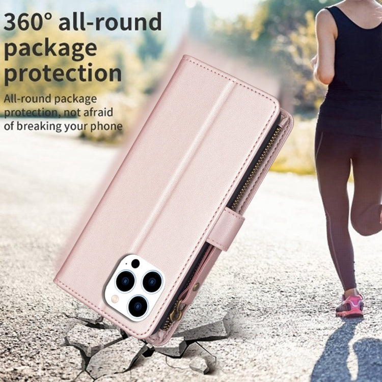 For iPhone 16 Pro Max 9 Card Slots Zipper Wallet Leather Flip Phone Case