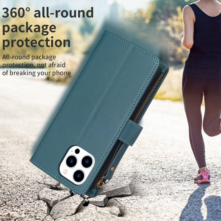 For iPhone 16 Pro 9 Card Slots Zipper Wallet Leather Flip Phone Case