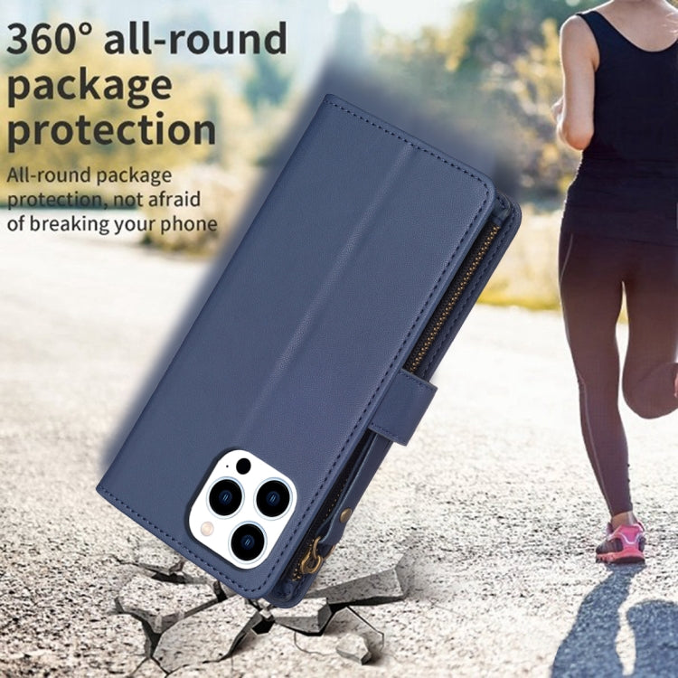 For iPhone 16 Pro 9 Card Slots Zipper Wallet Leather Flip Phone Case