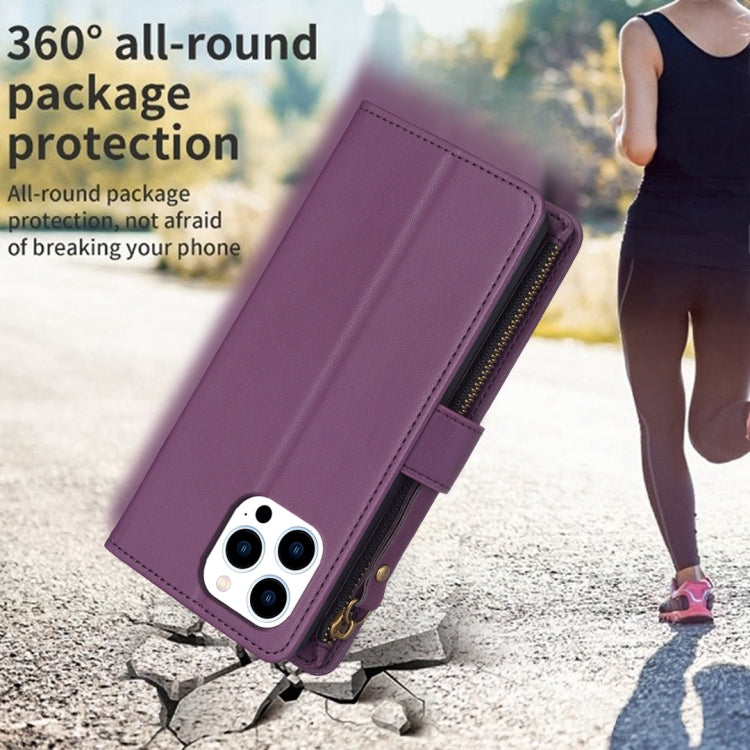 For iPhone 16 Pro 9 Card Slots Zipper Wallet Leather Flip Phone Case