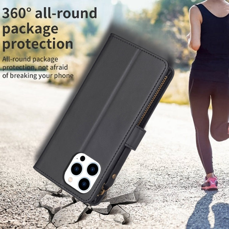 For iPhone 16 Pro 9 Card Slots Zipper Wallet Leather Flip Phone Case