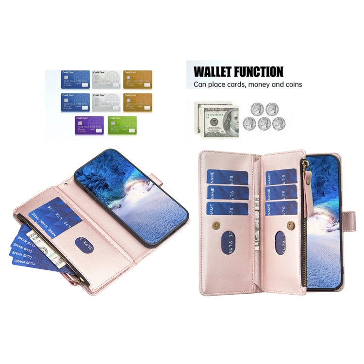 For iPhone 16 Pro 9 Card Slots Zipper Wallet Leather Flip Phone Case
