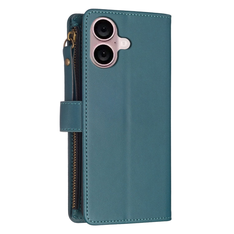 For iPhone 16 Plus 9 Card Slots Zipper Wallet Leather Flip Phone Case