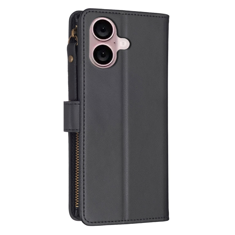 For iPhone 16 Plus 9 Card Slots Zipper Wallet Leather Flip Phone Case