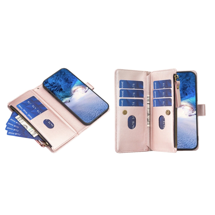 For iPhone 16 Plus 9 Card Slots Zipper Wallet Leather Flip Phone Case