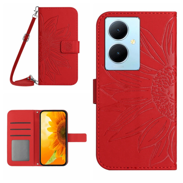 For vivo Y78+ Skin Feel Sun Flower Embossed Flip Leather Phone Case with Lanyard