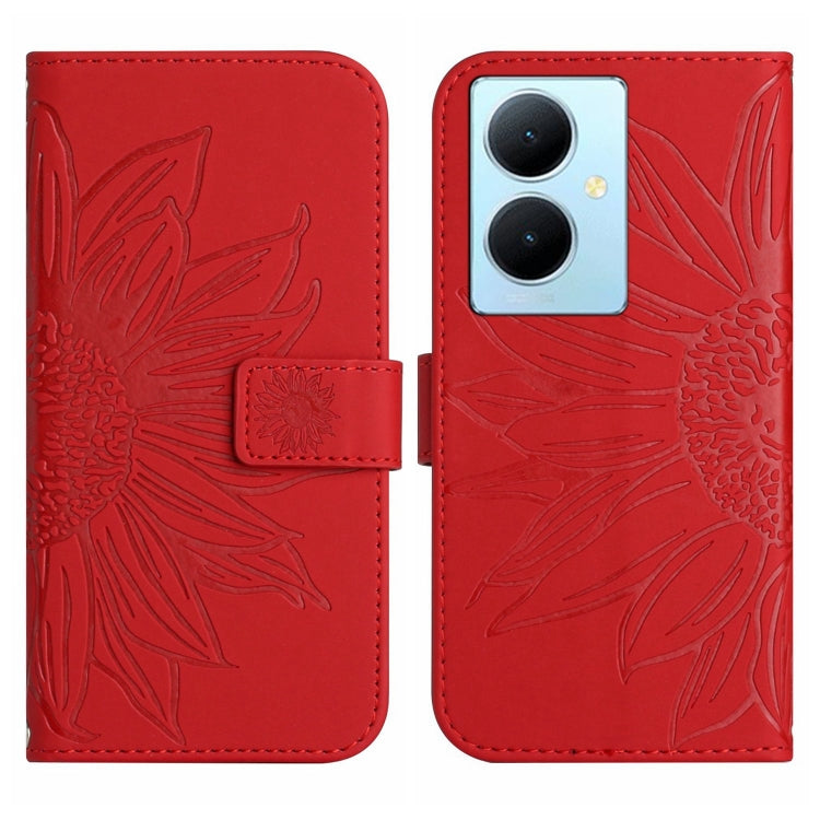 For vivo Y78+ Skin Feel Sun Flower Embossed Flip Leather Phone Case with Lanyard