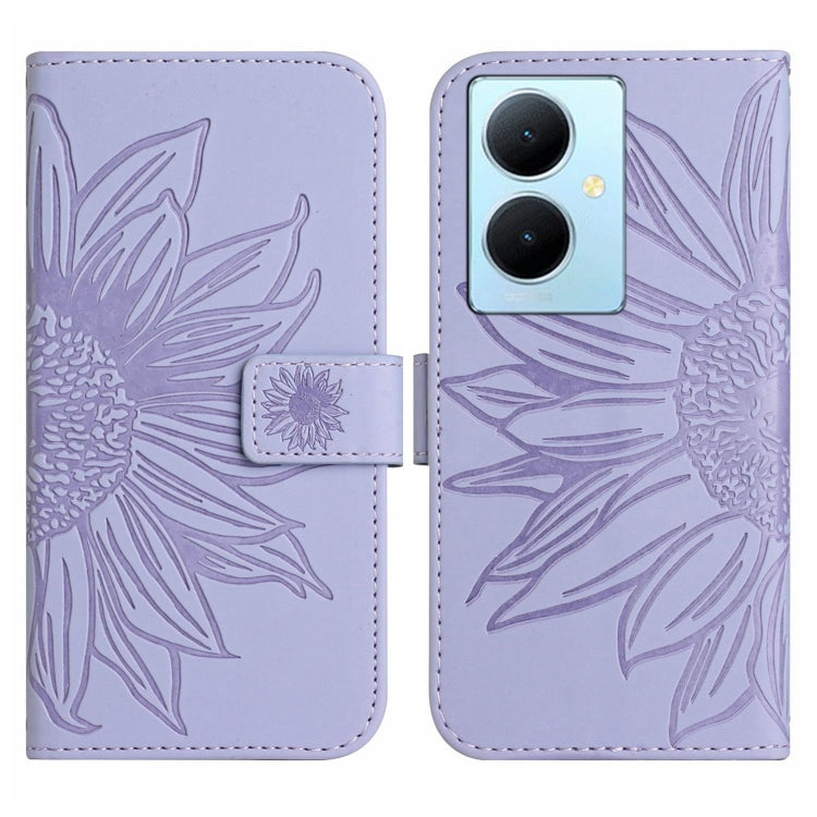 For vivo Y78+ Skin Feel Sun Flower Embossed Flip Leather Phone Case with Lanyard