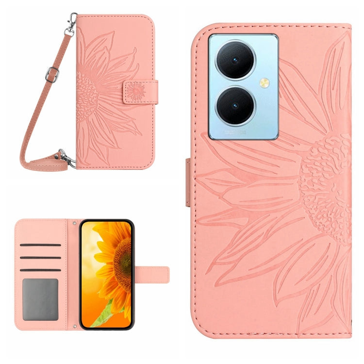 For vivo Y78+ Skin Feel Sun Flower Embossed Flip Leather Phone Case with Lanyard