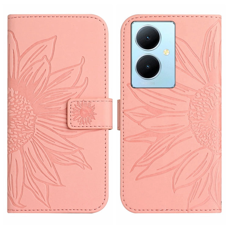 For vivo Y78+ Skin Feel Sun Flower Embossed Flip Leather Phone Case with Lanyard