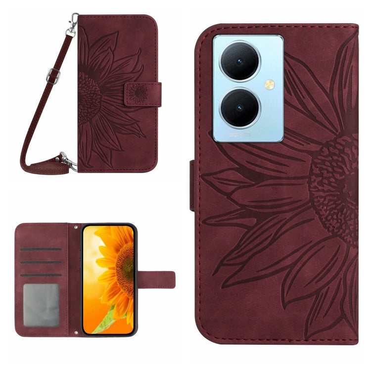 For vivo Y78+ Skin Feel Sun Flower Embossed Flip Leather Phone Case with Lanyard