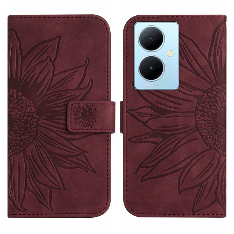 For vivo Y78+ Skin Feel Sun Flower Embossed Flip Leather Phone Case with Lanyard